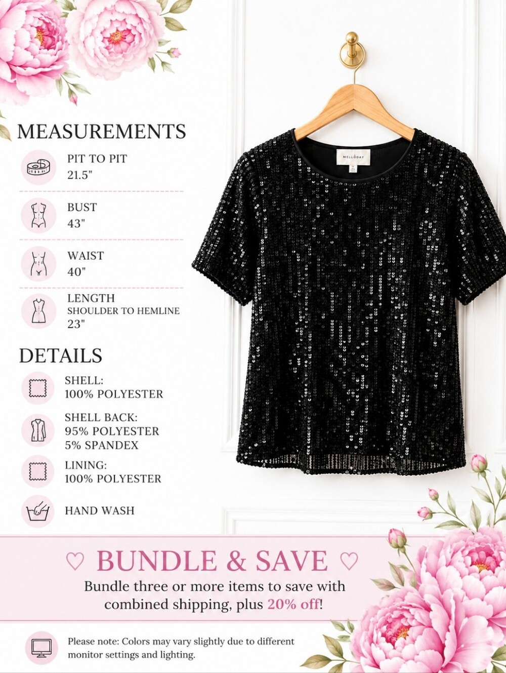 Melloday | Black Sequin Blouse Short Sleeve Elegant Sparkle Party Top | Size: L - Picture 7 of 10